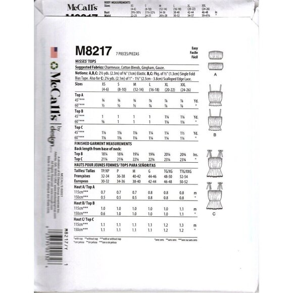McCall's M8217 Misses XS to M Easy Summer Boho Casual Tops Uncut Sewing Pattern - Picture 2 of 2